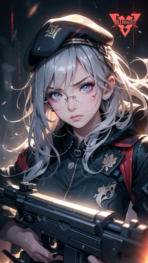 Silver Haired Girl,((Yuki Izumi))(( Big Breasts :0.6)),Glasses,Sighting gun, Tactical Boots ,Futuristic gun,Rain environment, high image quality,8k, super detailed, surreal(()),  Masterpiece  , cinematic lights,Dramatic lighting, Dramatic Poses,High defini...