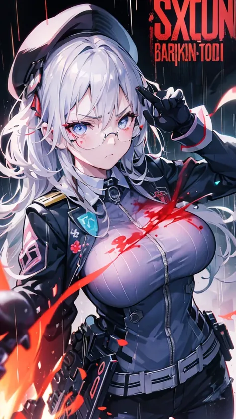 Silver Haired Girl,((Yuki Izumi))(( Big Breasts :0.6)),Glasses,Sighting gun, Tactical Boots ,Futuristic gun,Rain environment, high image quality,8k, super detailed, surreal(()),  Masterpiece  , cinematic lights,Dramatic lighting, Dramatic Poses,High defini...