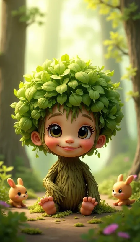 A baby shaped like a small tree with a smiling face. Its leafy crown looks like a soft green afro. Background: a tiny forest with playful baby animals.