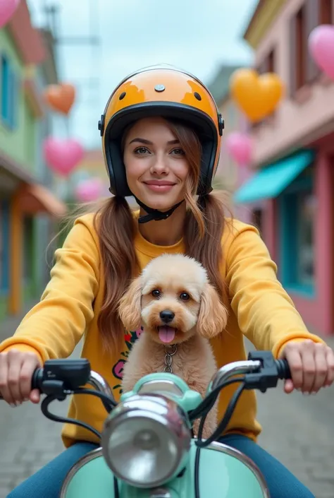 Real girl of 26 years of wide view photography where you can see all the aspects of the girl looking at the front with long straight hair beautiful hairstyle with pigtails riding a motorcycle 
with your colored helmet and bring a sweatshirt with a print of...