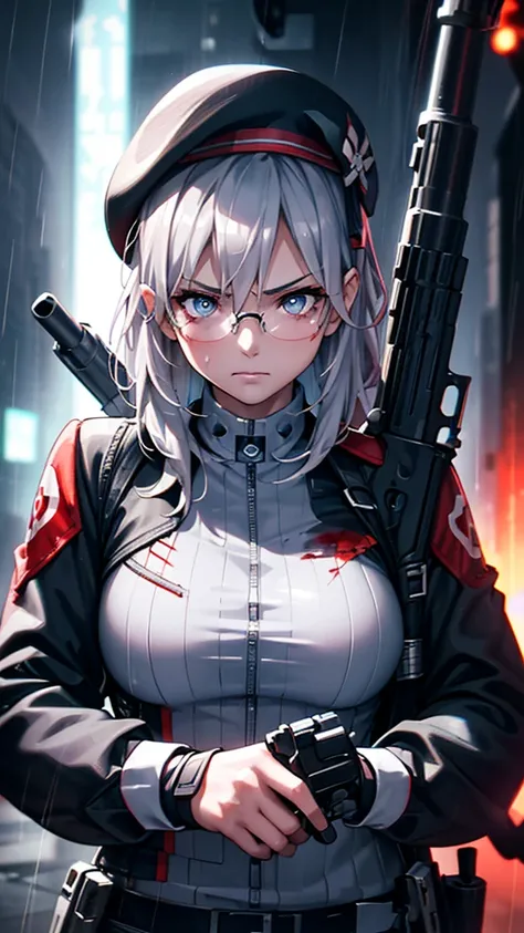 Silver Haired Girl,((Yuki Izumi))(( Big Breasts :0.6)),Glasses,Sighting gun, Tactical Boots ,Futuristic gun,Rain environment, high image quality,8k, super detailed, surreal(()),  Masterpiece  , cinematic lights,Dramatic lighting, Dramatic Poses,High defini...