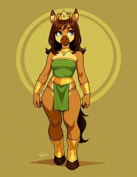 valbun, solo, anthropomorphic horse, anthropomorphic, anthro, 1 girl, furry female, furry horse, light brown fur, blue eyes, long snout, dark brown mane, green clothes with large yellow stripe, crown, full body, fullbody, loincloth,, Humanoid