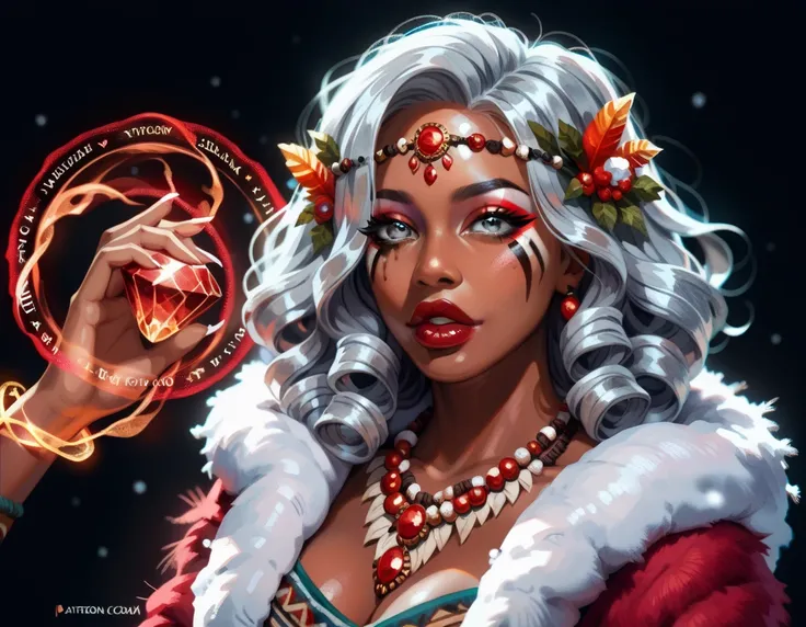 Solo, dark skinned woman, mature, big lips, curvy, busty, curly hair, shoulder length hair, glowing hair, Silver hair, Dark Makeup, Metallic Red lipstick, black scleras, ((Glowing Silver Eyes, eye focus)), Glowing Markings On Body, Tribal Red Gemstones Nec...