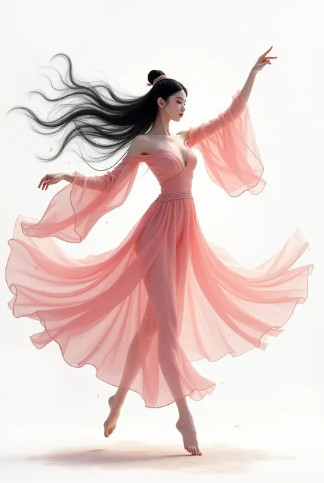  with an oriental feel on a white background,  wearing a pink long fairy suit , I cant see the skin, Carrying debt,  dancing fairy , Black hair, Immaculate skin, Delicate, slender, Illustration