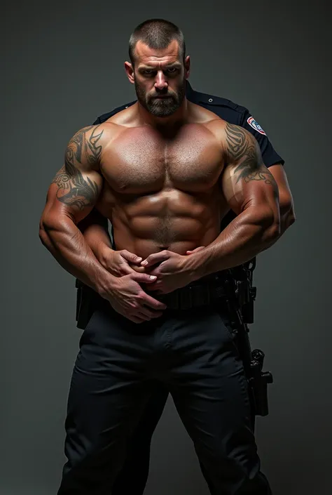 policeman wrapped his arms around a muscular man with big sexy ass. the policeman is behind the man. Their bodies are attached to each other. the man is spreading his legs. Textured Skin, Super Detailed, High Quality, HD.