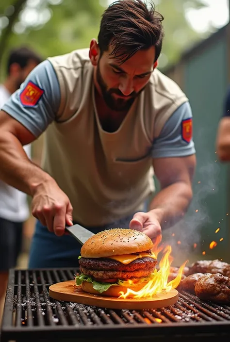 Messi smashing burger on the grill
