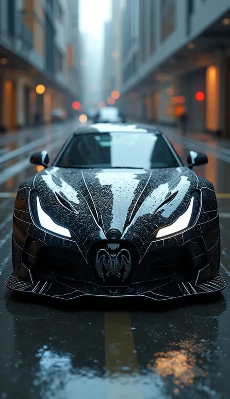 Venom + Car. Venom And A High Tech Car Physically Combined. Cars Body, Venoms Black Skin, Venoms White Lines, Venoms Big White Eyes Replacing The Cars Headlights, Car Fully Covered With Venoms Body, Full Body, High Detailed, Realistic 