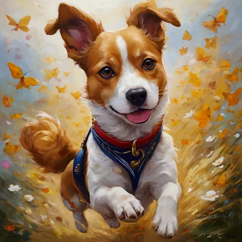 Flying puppies, the tail and walk happily，Dogs appear，4K clarity，Anime Dogs，Painting style heals itself