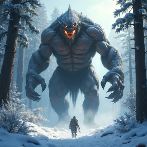 A towering, monstrous creature with a muscular build, sharp teeth, and dark, textured skin, walking heroically through an icy forest. The creatures eyes glow intensely, exuding power and menace. The background features tall, snow-covered trees, frost-cover...