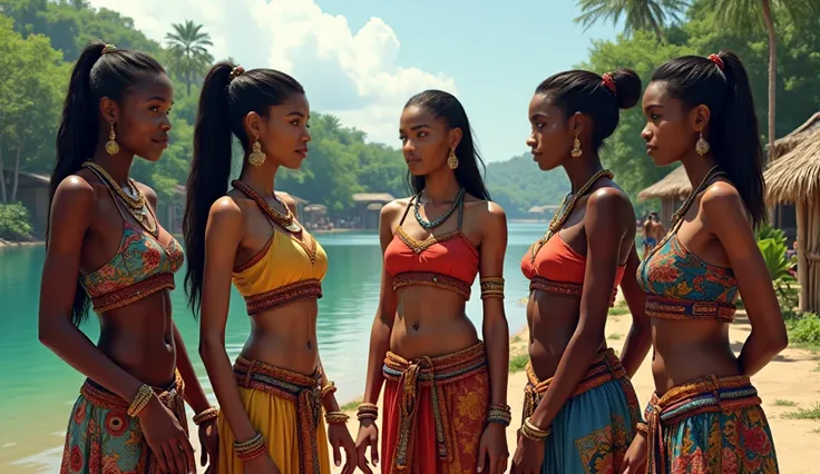 Group of young slim beautiful women standing at river talking with fear in their at a vibrant Liberian village setting 