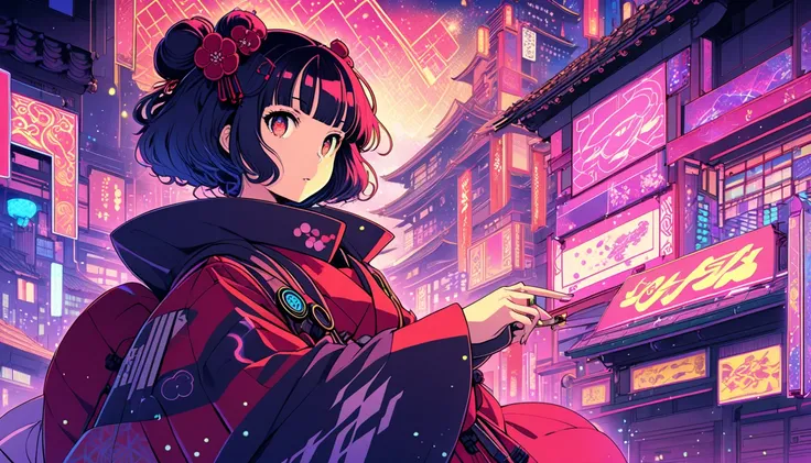 Create an anime-style illustration of a futuristic cyberpunk-style girl and a Japanese Edo-period ghost touching the fingertips of the girls hand to the fingertips of the Edo-period ghosts hand.
The design will incorporate elements such as neon tubes, elec...