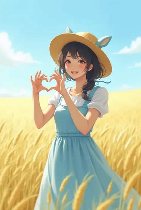 In a field of grass that flutters in the wind, the sky is clear and the air is clear, a young Japanese woman in a light blue dress, wearing a wide-brimmed straw hat, turns her smile and teases cheerfully, reaches out to the camera in the shape of a heart, ...