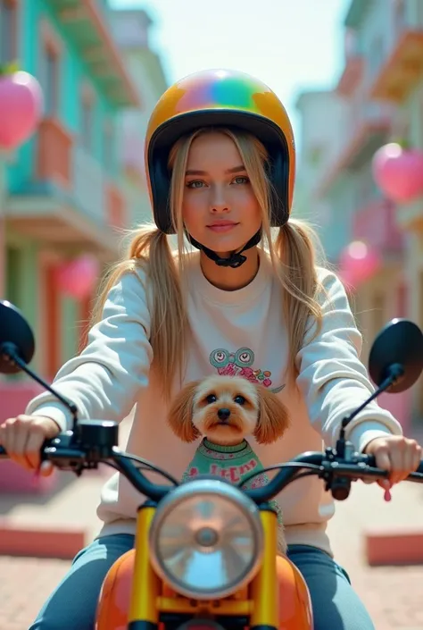 Real girl of 26 years of wide view photography where you can see all the aspects of the girl looking at the front with long straight hair beautiful hairstyle with pigtails riding a motorcycle 
with your colored helmet and bring a sweatshirt with a print of...