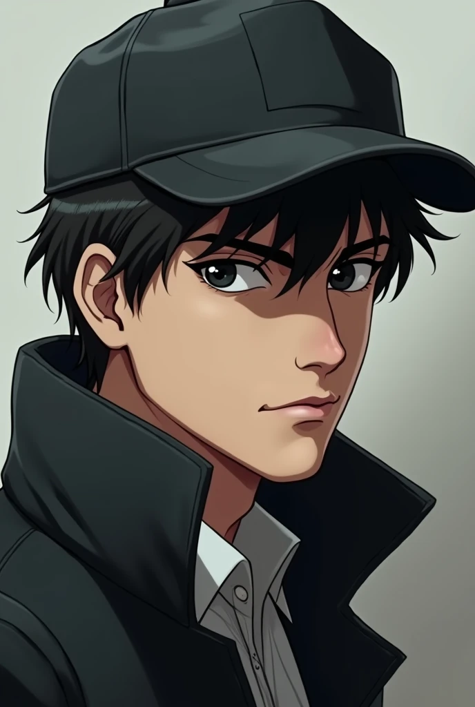 male, Black Hair、 black eyes、 fishing cap、Detective、No beard 、Age 30、 simple background、solo,  anatomically correct, 