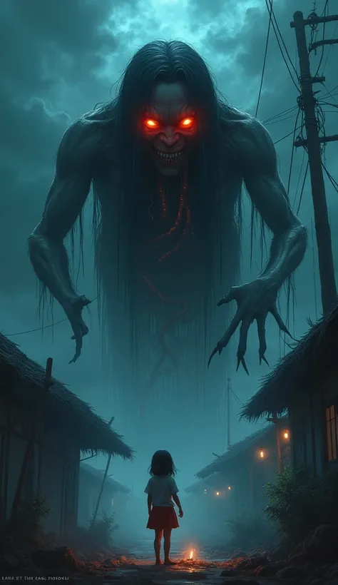 " Kuyang figure hovering in the night air ,  the form of the head of an Indonesian woman with long matted hair and hanging organs .  His eyes are fiery red ,  stared intently at the frightened young girl . Eerie atmosphere ,  was full of dark aura and fish...