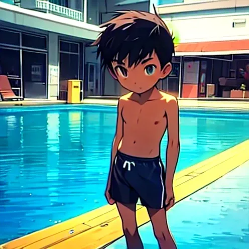 Boys, swimming trunks, Slim Sexy , black hair, Conan, , exposed penis, 