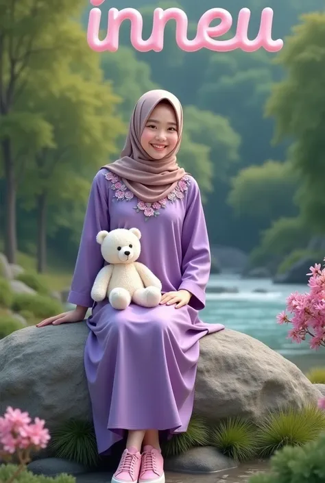 This image shows a woman in a hijab sitting on a rock smiling in a beautiful outdoor setting.. The person was wearing a purple dress with floral embellishments and pink sneakers.. Beside him, there is a white teddy bear placed on top of the dress. The back...