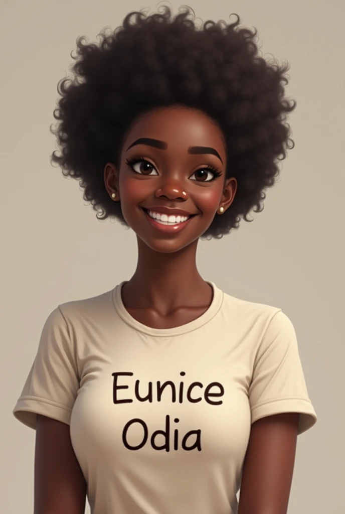 Une fille de race noire avec un t-shirt sur lequel est mentionné Eunice Odia