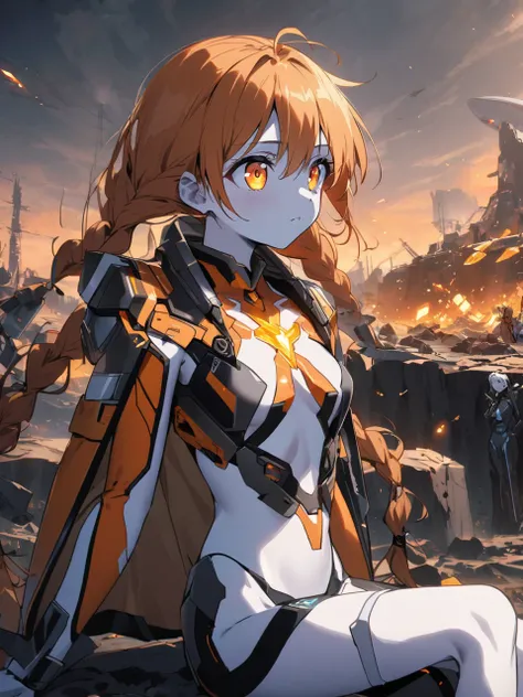  orange-haired anime girl ,  two braids that fall on her shoulders , slim,  white skin , futuristic Mecha costume ,, orange crystal on her chest ,  heavenly eyes sitting on a rock with a futuristic spaceship in the background,  post-apocalyptic scene 