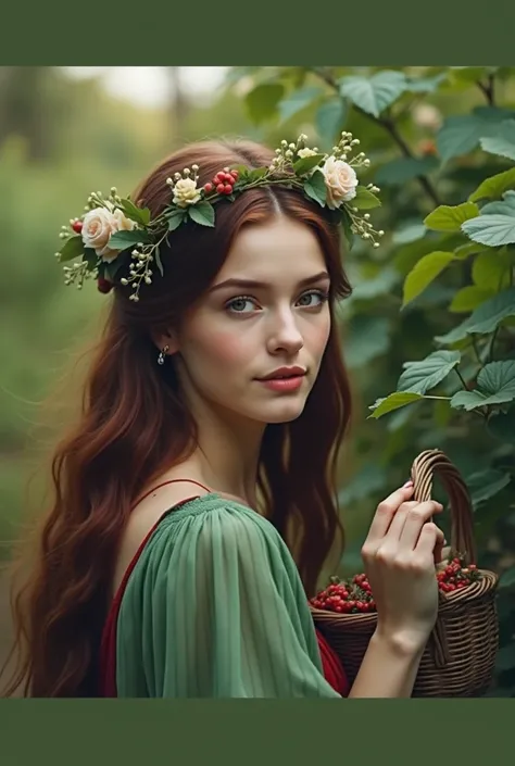 Women,  plucked berries ,  flower crown on the head, red dress, fresh leaves , auto focus,