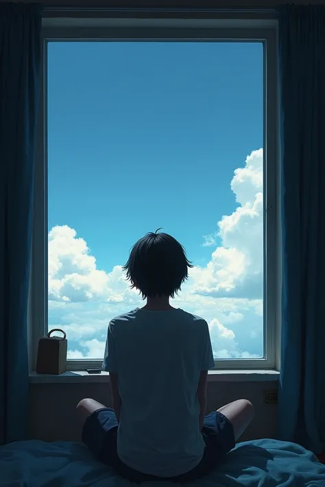 A  sitting in front of the window looking at the sky with lonely 