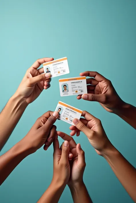 "A close-up real people, showing diverse hands holding voter ID cards, symbolizing inclusivity and unity. The hands vary in skin tones and details, representing different genders, castes, and classes. The voter IDs are prominently displayed, with subtle de...