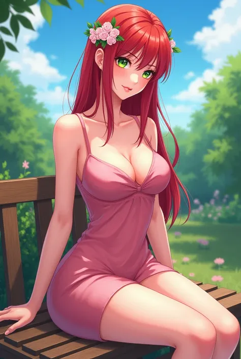   best quality    ,     high resolution icon   , 1 ******, Alone,     red hair   ,  green eyes  ,   pink dress with an   ,  Big breasts  ,   long hair ,  very  long hair , straight hair,   Hair pulled back  , I created a garden  ,   neckline sitting on the...