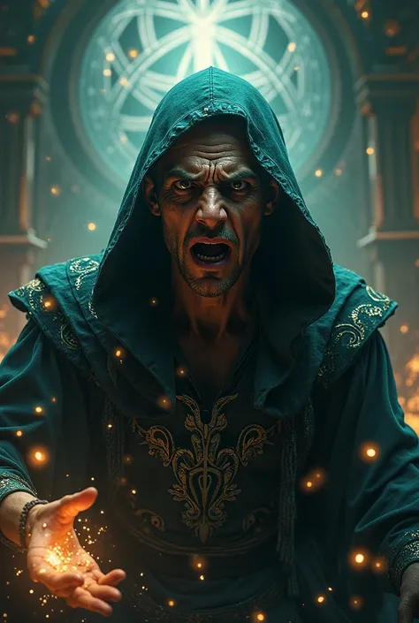 (very detailed 8K ),  wallpaper with a middle shot of a frightened sorcerer,  intricate ,  high detail , Dramatic  