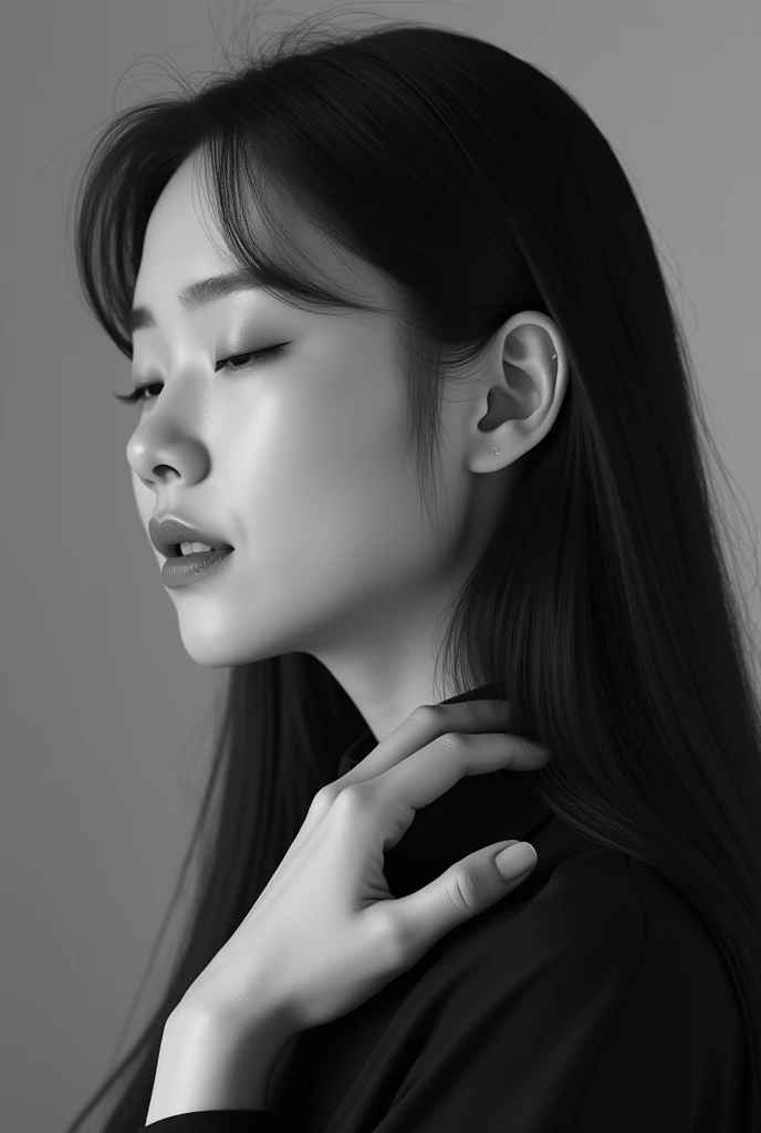 Macro Close-up hyperrealistic black and white portrait of a Korean woman posing in profile, with her head slightly tilted down and to the right, her pores, eyelashes, and a small mole are noticeable. Her right hand is placed gently on her neck, with her fi...