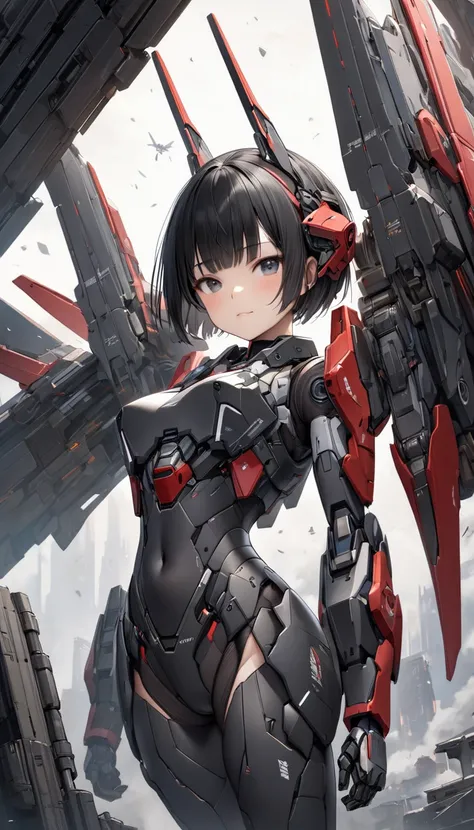  one woman。
 realistic drawing。 high image quality。 High Quality 。solo。
 black hair。 straight hair。 Pixie Cut 。
 black and gray gradient eyes。( squinting:1.1)。

（ slender 。 small tits。abdomen、upper arm、Thighs are bare skin:1.5）。Mecha Armor :0.7、 robot from...