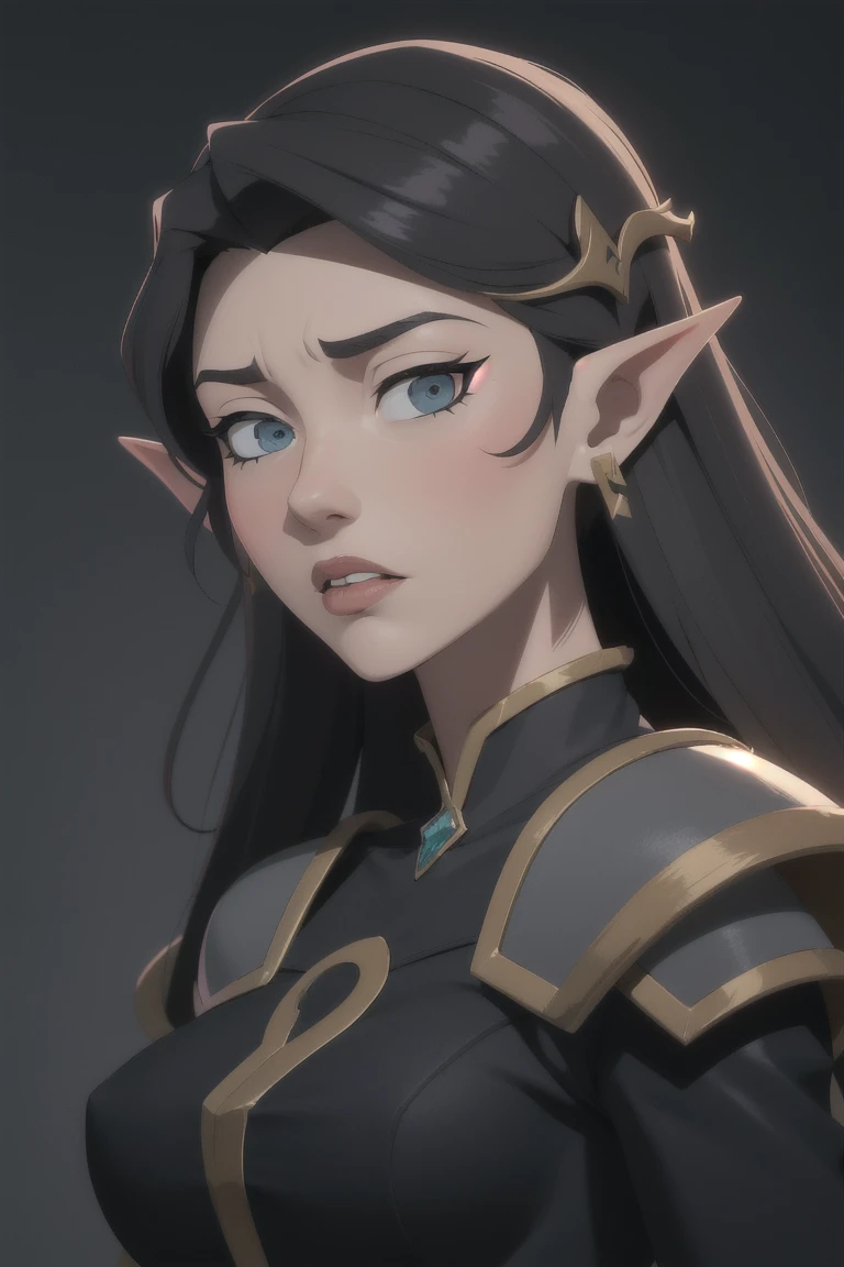 vox machina style, medieval fantasy. A elf Girl, 30 years old, greek godess, Black elegant clothes, beautiful but severe face, detailed face, long pointy ears, ((gray skin)), blind eyes, detailed eyes, European, white long hair, detailed body, ((static pos...