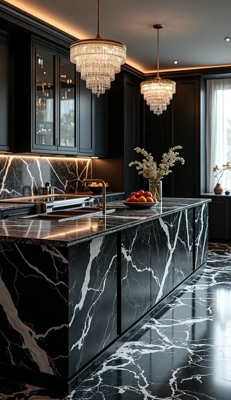 A lavish kitchen showcasing immaculate black marble countertops with bold white veining, paired with glossy, reflective black marble flooring that adds depth and sophistication. The centerpiece is an expansive island crafted from exquisite zebra marble, it...