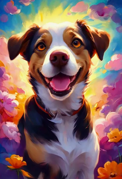  Flying puppies ,  tail and walk happily， Dogs appear ，4K clarity，Anime dogs ， Painting style heals itself ,  left eye with a spot , 