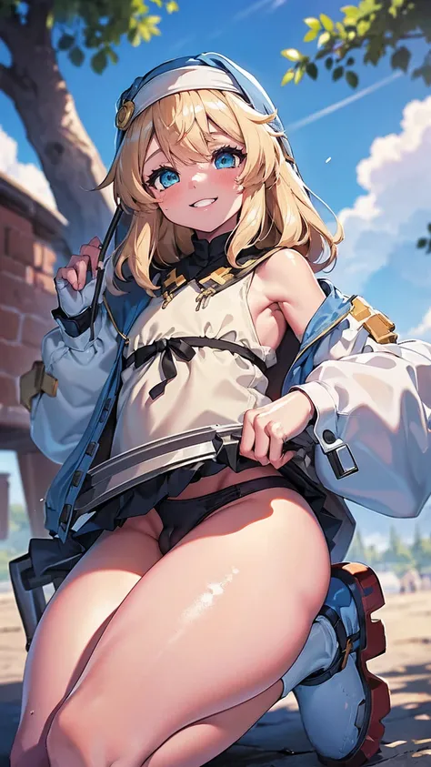 ( best quality , 8k, 32K, masterpiece,  super high resolution:1.2),  Guilty Gear, Bridget, Blonde,  long hair,  Tiny Bodies, fun,  cute smile,  Blue Sister Clothes ,  flat chested, Daughter of a man, panties small phimosis penis,  stick out your butt, Thic...