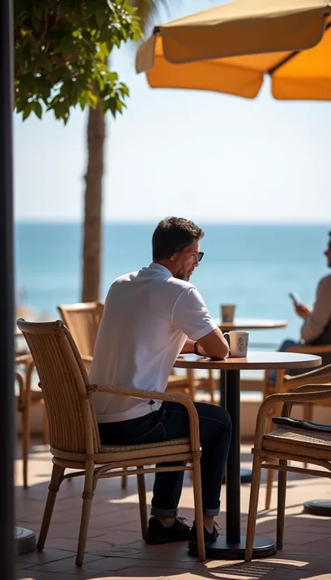  A man is sitting in an outdoor café.  The café is located on a beach promenade in Malaga . The sea can be seen in the background . 