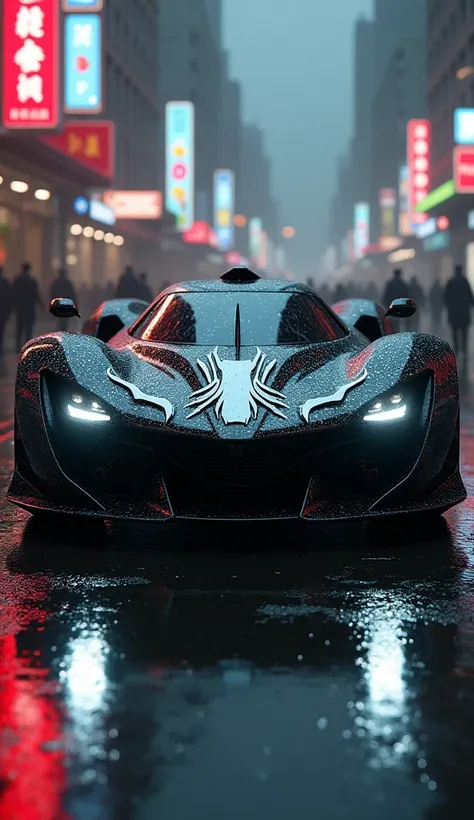 A highly detailed and realistic combination of Venom and a car, forming a seamless hybrid design. The car’s structure is infused with Venom’s organic, textured black skin, complete with his signature white spider emblem stretching across the hood. The head...