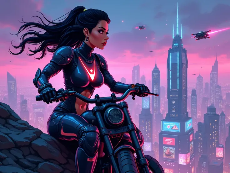 Stylized cartoon, cyberpunk aesthetic, dynamic composition, female warrior, futuristic motorcycle, sitting on a hill, overlooking neon cityscape, waist-length black hair, glowing red LED tips, hair flowing in the wind, black and metallic silver cybernetic ...