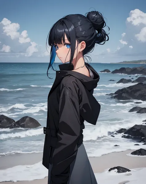  top quality, 
1 female,  black hair,Blue hair inner color bun on back ,Girls in their 30s,snow, blue eyes
A girl in a black top and gray skirt is standing on a sandy beach, Wear a black coat ,  Picture of a Slender Girl Model Wearing a Black Coat ,  simpl...