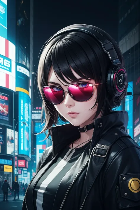 cyberpunk anime style, Hacker, cyber augments, sunglasses