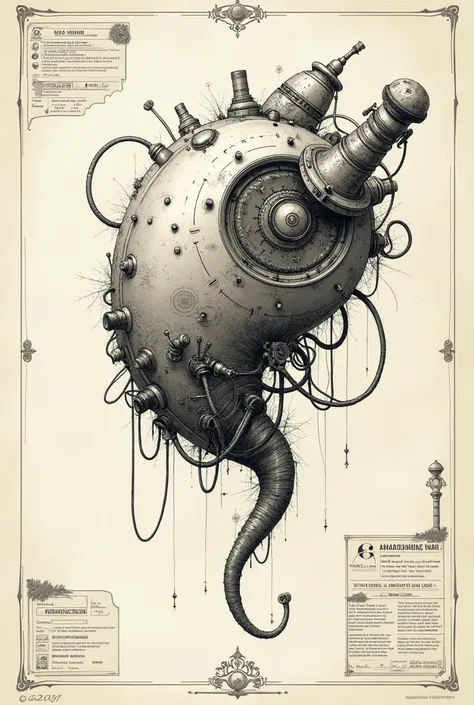   full page conceptual design for organic equipment., Plano steampunk  ,  intricate detail,  ink on paper , ,   very detailed label  ., poster