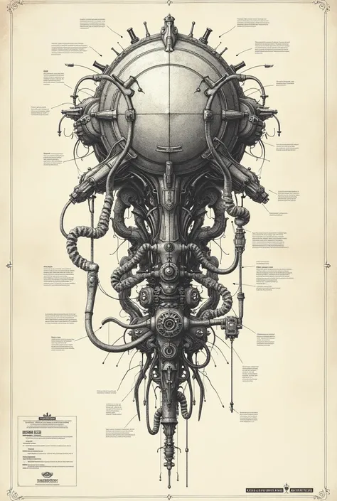   full page conceptual design for organic equipment., Plano steampunk  ,  intricate detail,  ink on paper , ,   very detailed label  ., poster