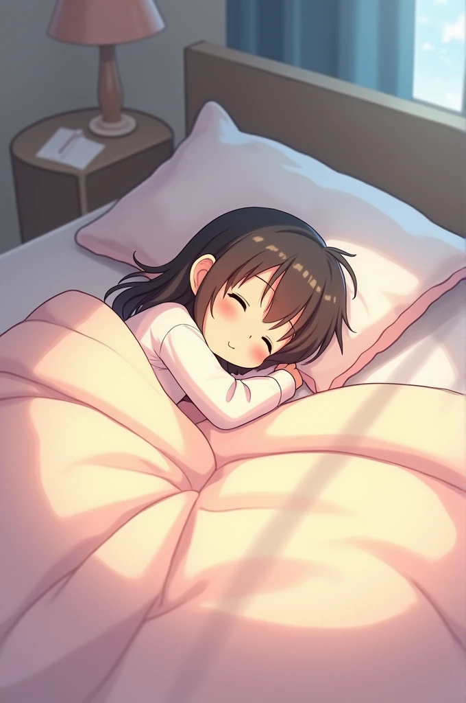 1 girl sleeping in pajamas in bed。 anime style