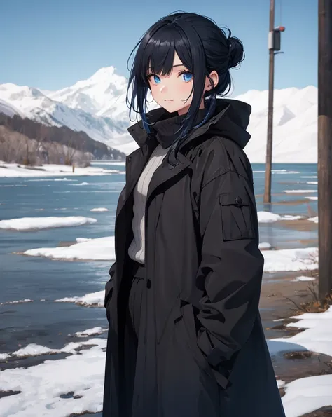  top quality, 
1 female,  black hair,Blue hair inner color bun on back ,Girls in their 30s,snow, blue eyes
A girl in a black top and gray skirt is standing on a sandy beach, Wear a black coat ,  Picture of a Slender Girl Model Wearing a Black Coat ,  simpl...