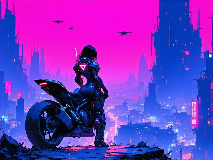 Stylized cartoon, cyberpunk aesthetic, dynamic composition, female warrior, futuristic motorcycle, sitting on a hill, overlooking neon cityscape, waist-length black hair, glowing red LED tips, hair flowing in the wind, black and metallic silver cybernetic ...