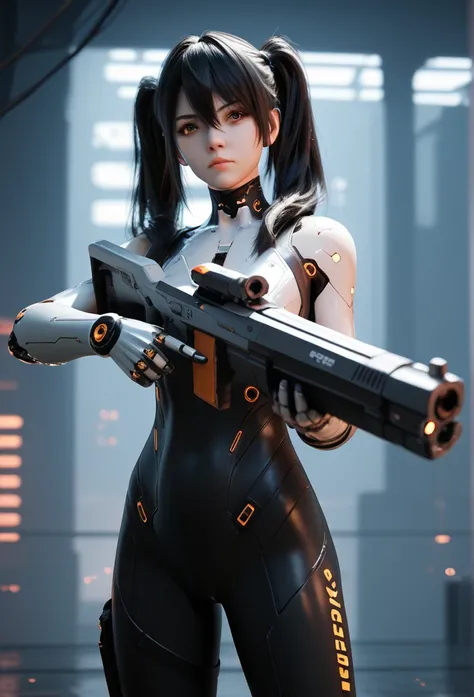 Future Costumes, 1 girl, Black Hair, Brown Eyes, Hair Between Eyes, 3D Cartoon, Looking at viewer, No Background, Twintails, Cyber, Action Figure Holding A Firearm