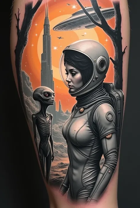  Create a realistic forearm tattoo .  In this image create a woman wearing a futuristic astronaut costume . Create an alien studying this woman .  Create in black and gray .
  Scribble a huge rectangle of glass behind them in the color orange.
Also draw bi...