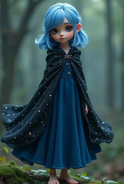 Realistic woman in her 20s .  She has shoulder-length blue hair.  round face, playful gaze. She is small . Elle porte une longue robe bleu nuit et une cape noir constellé d étoiles.  She is barefoot  