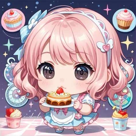 (1 Chibi Girl, Alone:1.3), cute,  Big Lowered Eyes , ( dark eyes:1.1), ( pastel pink hair :1.1), 
，(  Masterpiece  ,  top quality,  super detailed:1.2),solo,  1 girl , Half twin up，
 food is on my face, panic, Surpriseした顔， chubby，Gained weight，Im on the sc...