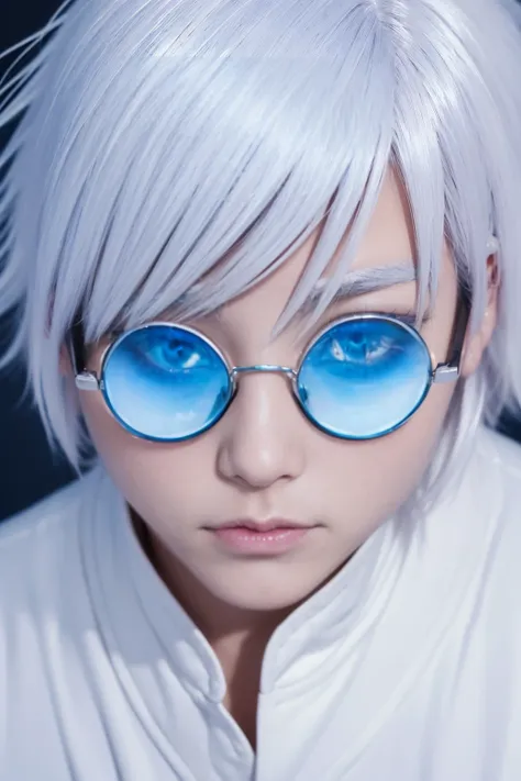 (  Masterpiece  ,  top quality: 1.2), (((Satoru Gojo,  white hair,  blue eyes, White eyelashes,  white skin))),  1 boy, round sunglasses, upper body, sharp face, gloss eyes, dark background, black  jacket 