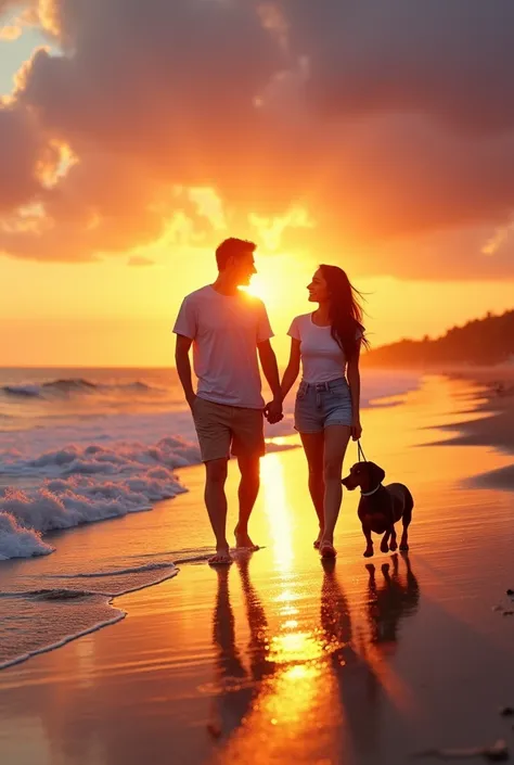 Couple enjoying their happy ren walking on the beach with a sunset and a dachshund dog with them 